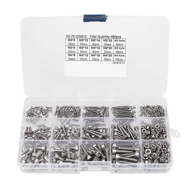 

Hot Sell 480pcs Stainless Steel Hex Socket M2 M3 M4 Head Cap Screws Nut Assortment Kit Set For Hardware Accessories