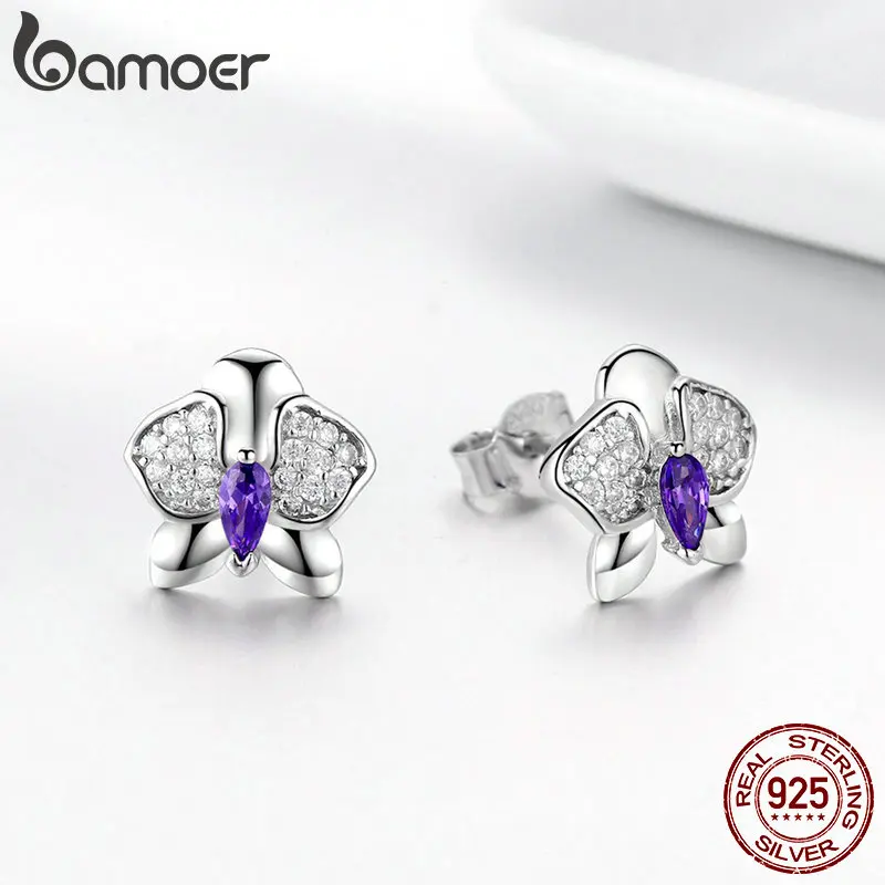 Женские серьги гвоздики с цветком орхидеи Bamoer из настоящего серебра 925 пробы