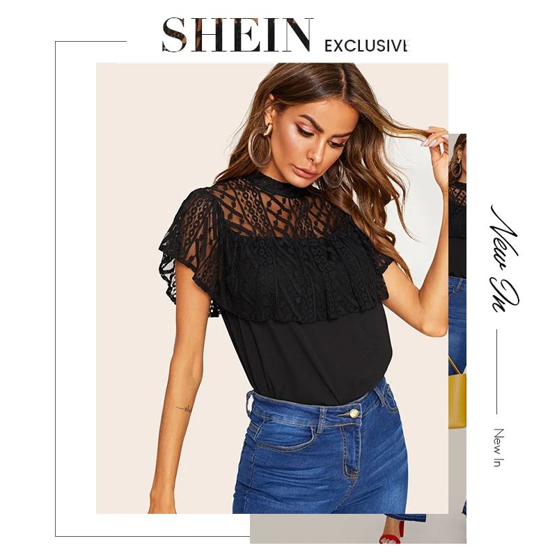 SHEIN Офисная Женская Черная кружевная блузка с рюшами, украшенная прозрачным топом, кружевная блузка, женские летние элегантные Однотонные блузки с рукавом-бабочкой