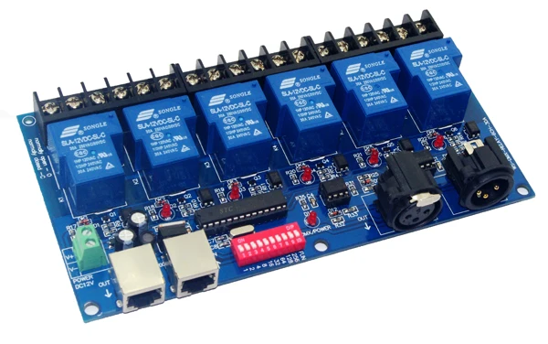 6CH 6-канальный релейный переключатель DMX512 Контроллер RJ45 XLR 6-полосный (макс. 30А)