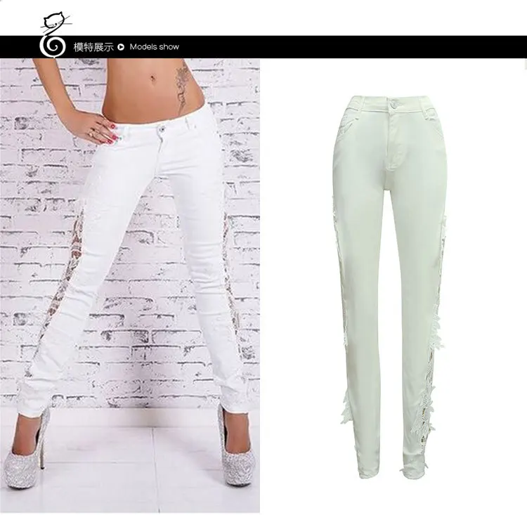Pantalon Mujer, одноцветные высокие спортивные штаны,, настоящие Широкие штаны, женские сексуальные кружевные джинсы с полым кружевом, Стрейчевые штаны, стиль