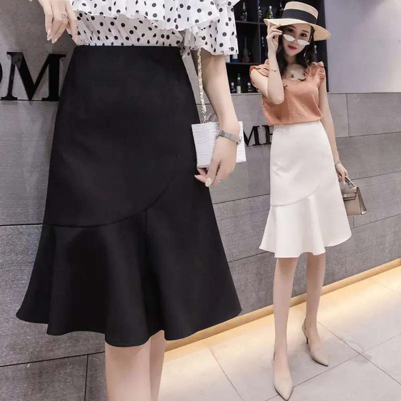 

2021 Elegant Ruffle Office Ladies Skirt Slim Solid Color High Waist Fishtail Skirt Spring Summer Midi Saias Jupe Femme f584