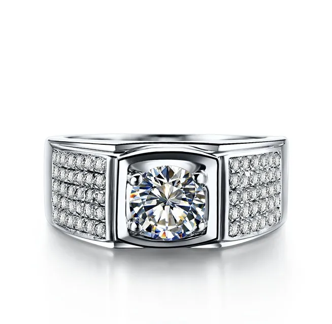 

Vintage VVS1 1Ct Round Cut Diamond Male Men's Solid 18K White Gold Ring Excellent White Gold AU750 Male's Wedding Jewelry