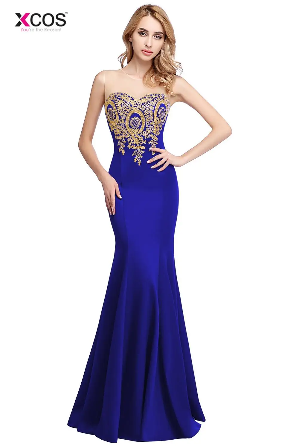 Royal Blue XCOS эффектное с открытой спинкой и аппликацией Бургундия Русалка кружево Длинные Выпускные платья королевский синий черный Вечеринка платье Vestido de Festa Longo - Цвет: Royal Blue