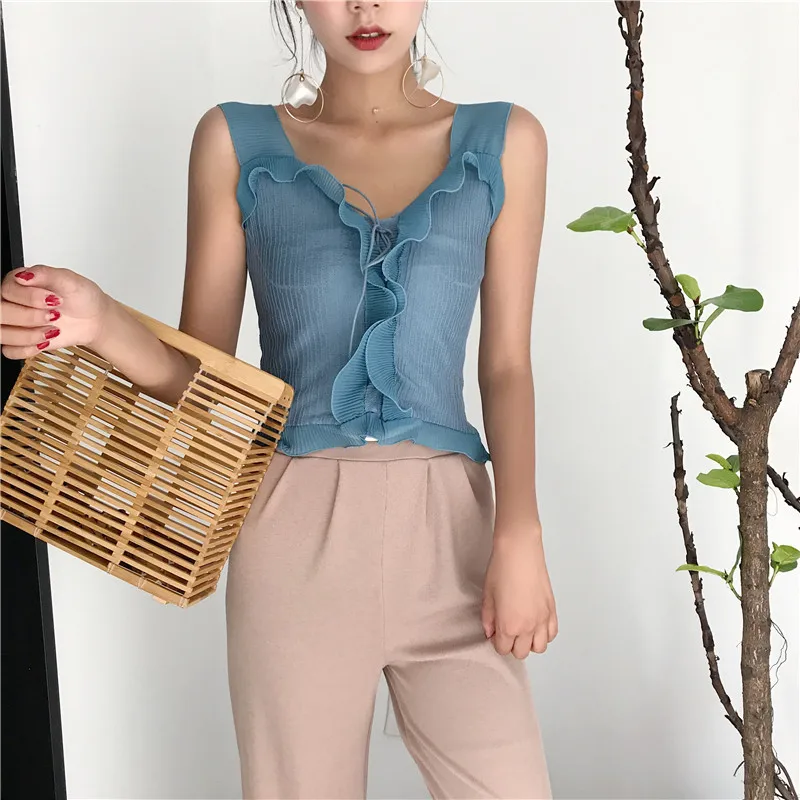 Blue Летние женские трикотажные короткие топы, лоскутные шифоновые топы с оборками для девочек, футболка без рукавов, майки, топы для женщин - Цвет: Blue