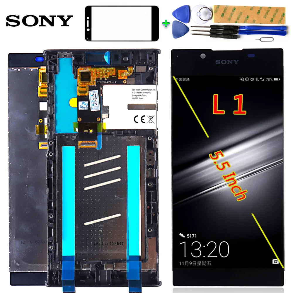 Sony Xperia L1 5,5 дюймовый ЖК-дисплей G3312 кодирующий преобразователь сенсорного экрана в сборе G3311 G3313 рамка с бесплатным закаленным стеклом и инструментами