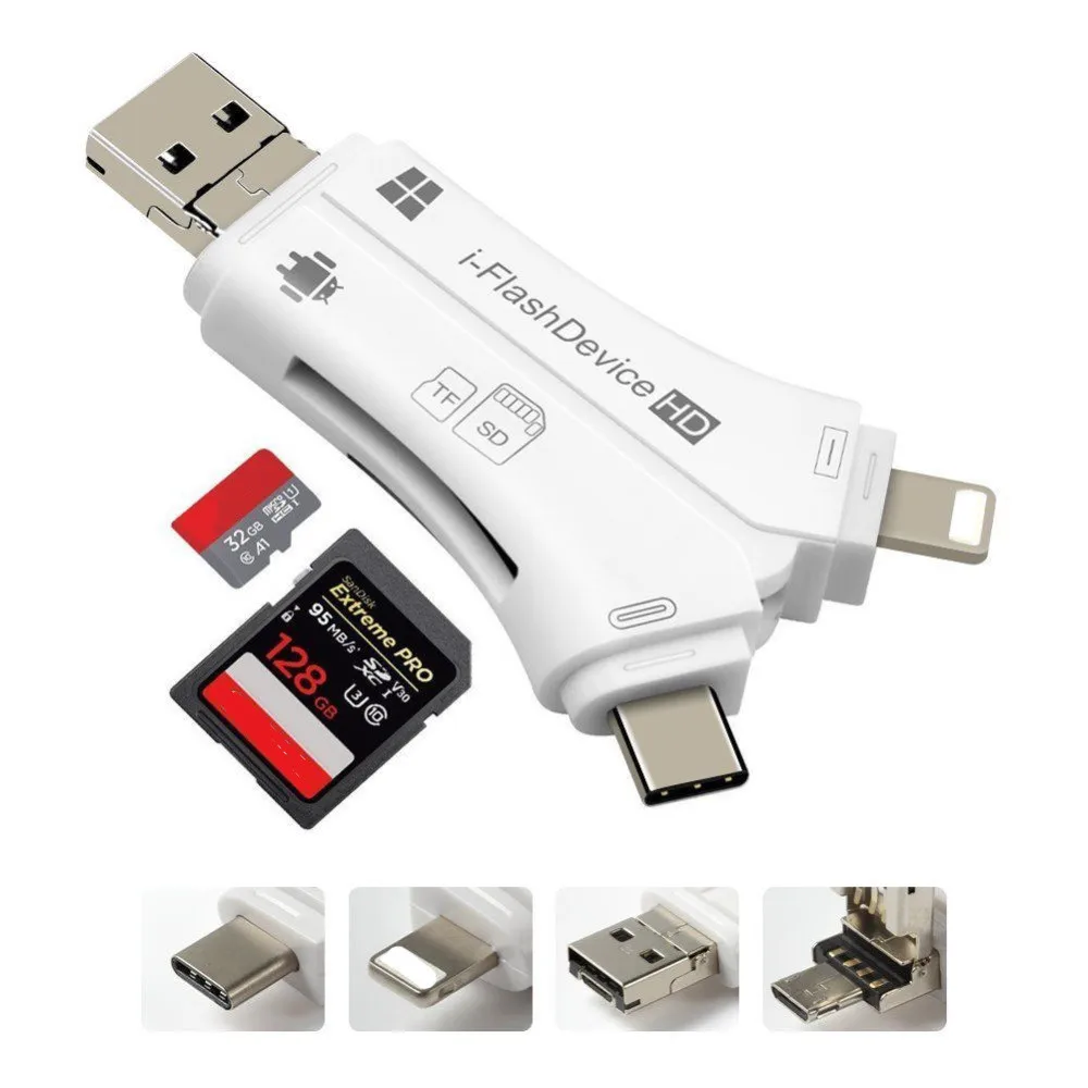 4 в 1 SD Card Reader USB Micro и TF адаптер для iPhone iPad MAC Android Камера бесплатная освещения Тип C