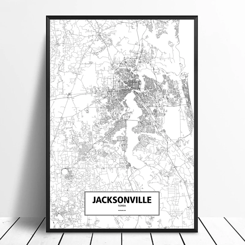 

JACKSONVILLE, FLORIDA, UNITED STATES Black White Custom World City Map Poster Canvas Print Nordic Style Wall Art Home Decor