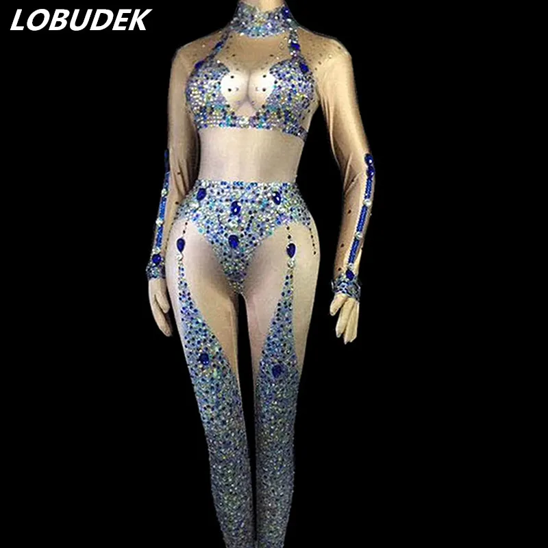 Blue Rhinestones Nude Color Spandex Elastic Jumpsuit Women Singer Models Catwalk Stage Outfit Sexy Nightclub Bar Dance Costume