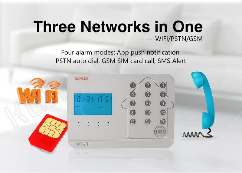 KONLEN wifi домашняя Безопасность GSM PSTN система сигнализации комплекты беспроводной PIR дверной датчик дистанционного управления, проводной сирена поддержка добавить камеру