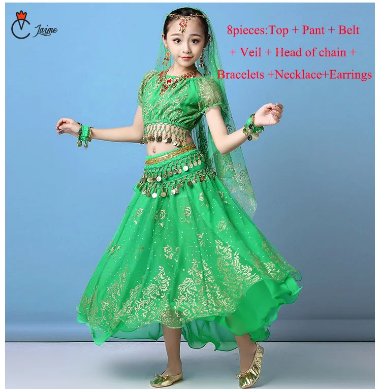 Green 8 pcs Детская одежда Набор костюма для танца живота сценическое живота Одежда для танцев для девочек Индии Танцы Болливудский костюм, для детей от 3/8 шт - Цвет: Green 8 pcs