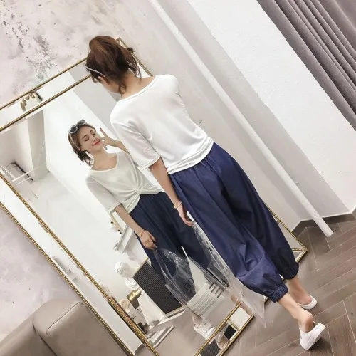 Short Sleeve White Tops Thin Denim Blue Harem Pants Suit Women Casual Chic Summer Sets Woman Fashion Korean 2 Piece Set Clothes | Женская