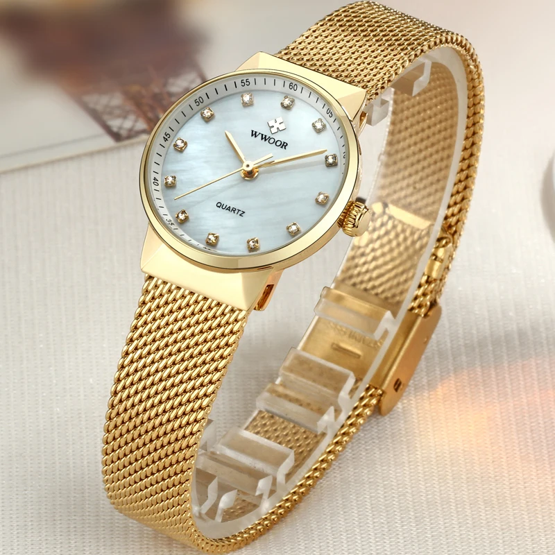 Лучший бренд класса люкс WWOOR Для женщин Водонепроницаемый золотые часы