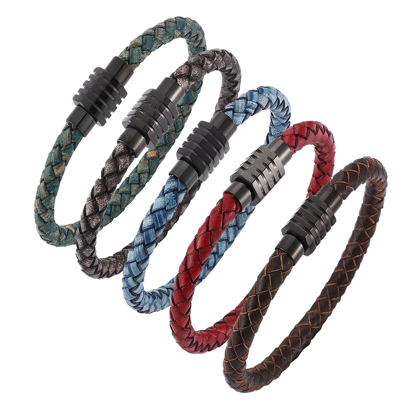 

Fashion Bracelet Man Leather Bracelet Black Stainless Steel Magnetic buckle Neutral Accessories Hand-woven Jewelry Gifts PD0256