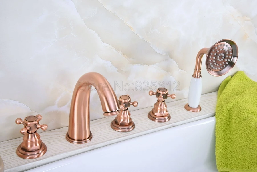 

Antique Red Copper Bathroom Tub Sink Faucet with Hand Shower Deck Mounted 5 Holes Three Cross Handles Bathtub Taps ttf238