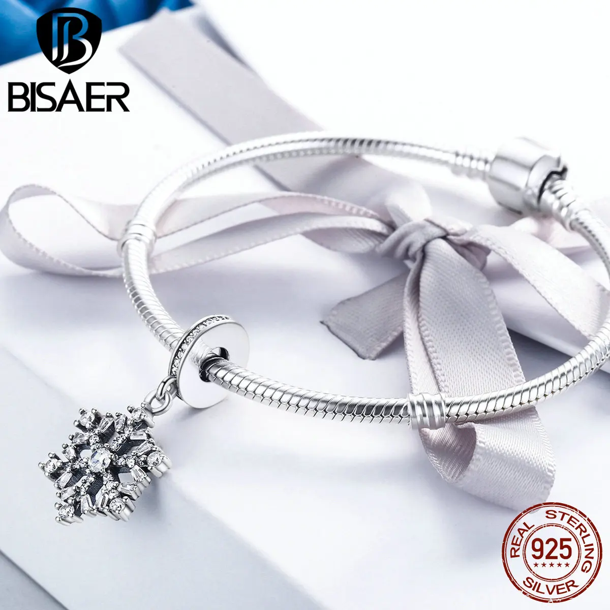 BISAER 925 пробы серебро снежинки Подвески кубический циркон подвеска в форме снежинки браслет шарма ожерелья, аксессуары к ювелирным украшениям DIY C266