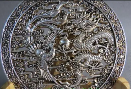 

Exquisite Chinese Tibetan Silver Collection Decoration Dragon Phoenix Round Plate