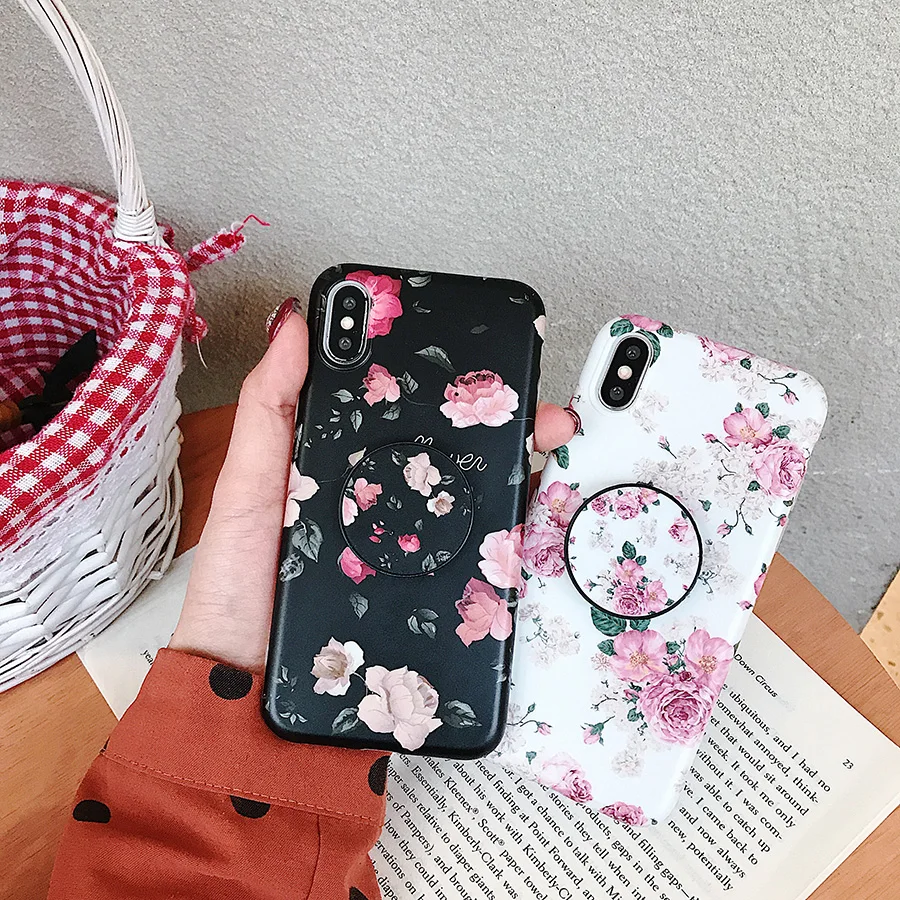Silicon Phone 7 8 Plus XS Max XR Black Rose flower Floral Cases For iPhone X 6 s 6S Bracket Chinese rose Soft Cover | Мобильные