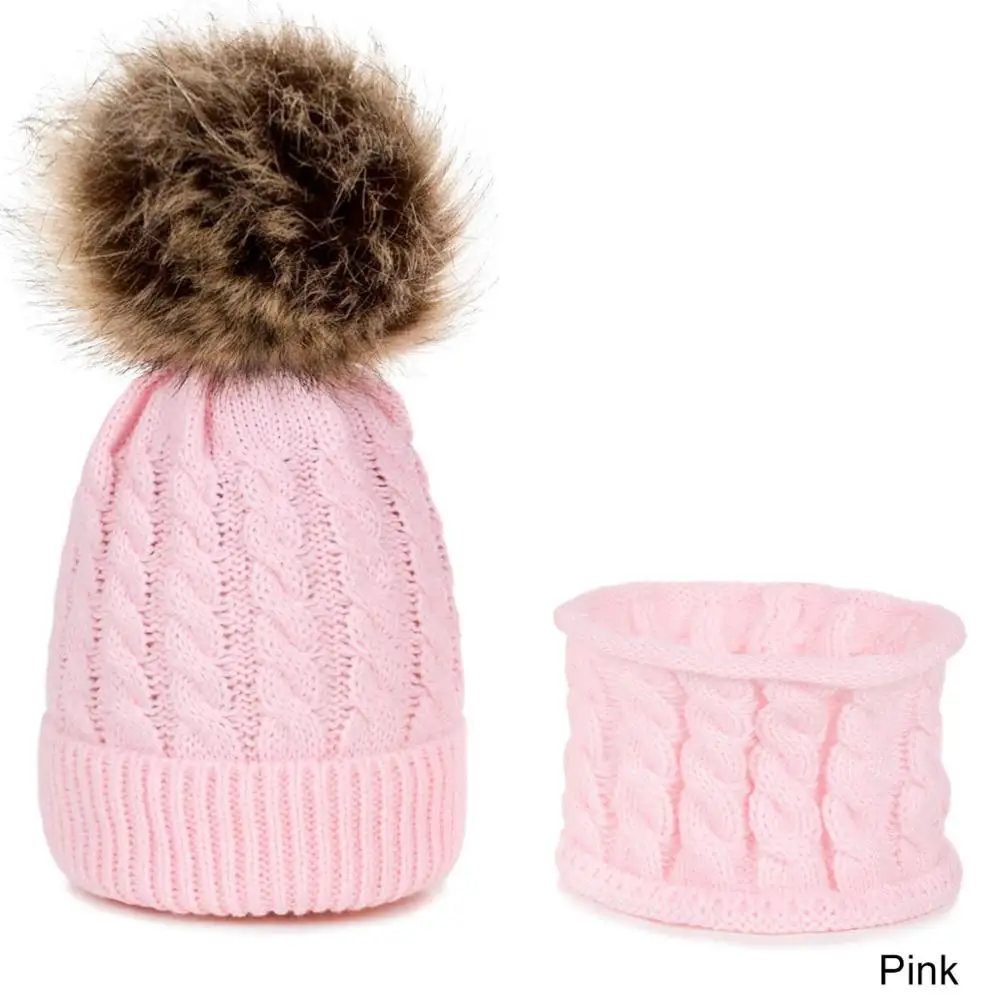 Pink REAKIDS 2 шт./компл., подходит для новорожденных, детские зимние шапки+ шарф, костюм вязаная шляпа теплая шапка с помпоном Универсальная крышка для мальчиков и девочек - Цвет: Pink
