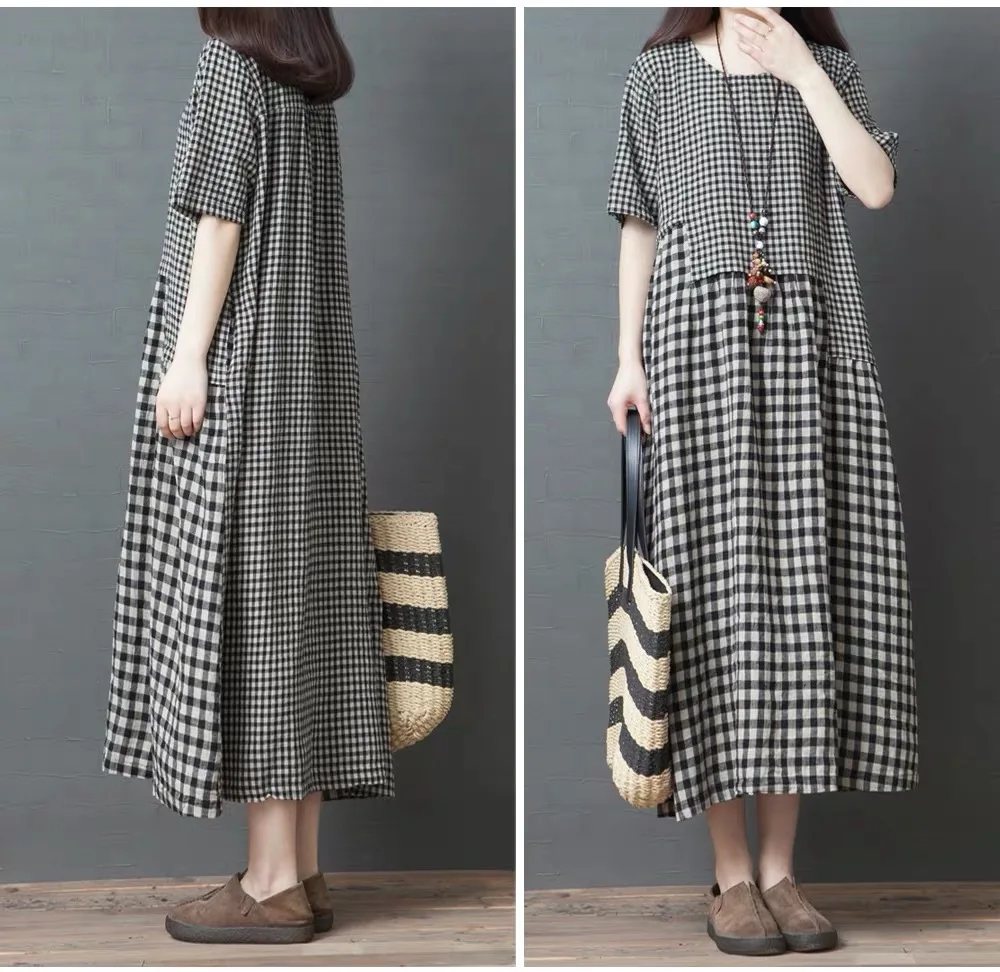Длинное платье с короткими рукавами в клетку для похудения новое летнее
