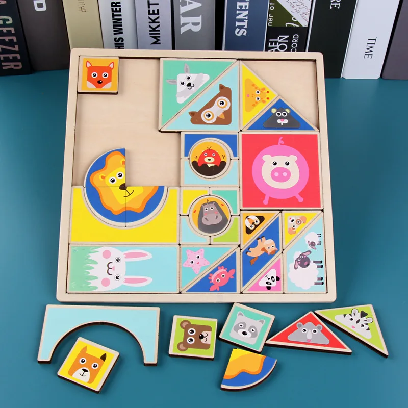 Животные Сделай Сам Деревянный Tangram 7 шт головоломки Красочные квадратные IQ игры