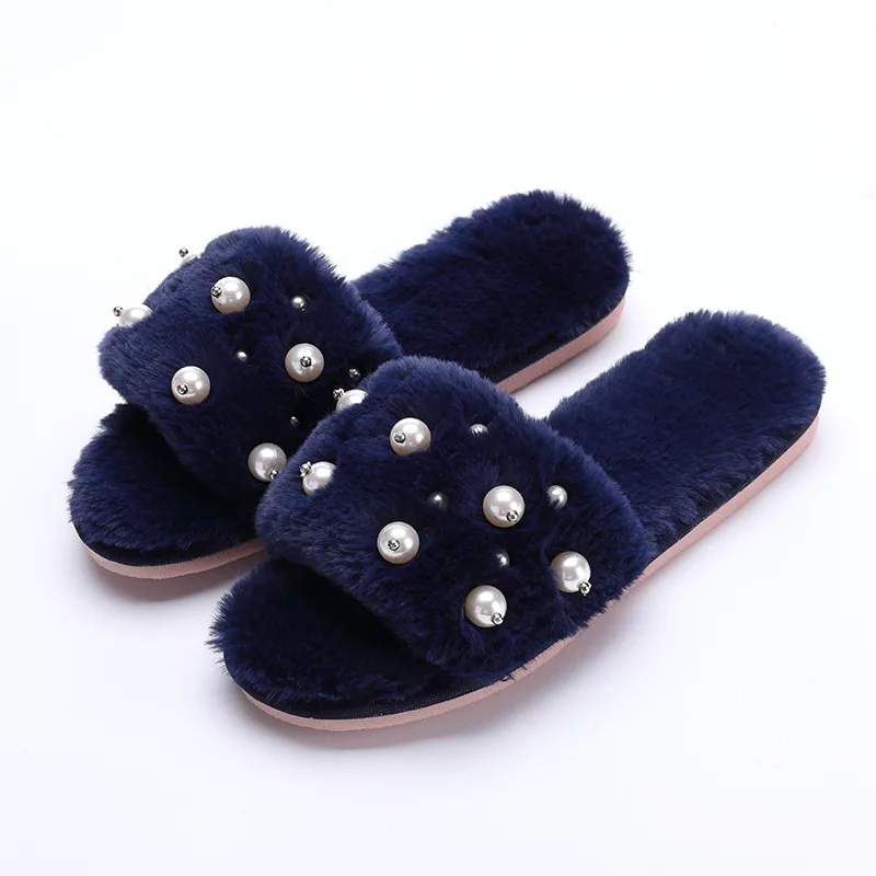 Navy Blue A Женские тапочки из плюша и хлопка с искусственным мехом; Сезон Зима; Теплая обувь без застежки; нескользящая обувь на плоской подошве; женская домашняя обувь; сезон весна-осень - Цвет: Navy Blue A
