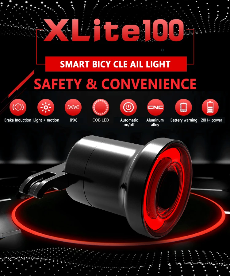 Xlite100 умный велосипедный задний светильник USB Перезаряжаемый светодиодный велосипедный задний светильник Авто старт/стоп тормоз зондирование IPx6 Водонепроницаемый
