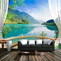 custom 3d photo wallpaper balcony window blue sky white clouds lake forest scenery living room sofa tv backdrop mural wall paper