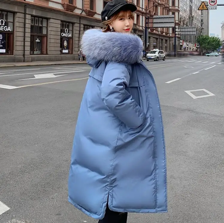 Синий Женская парка, Двусторонняя одежда из хлопка, Двустороннее хлопковое пальто, синяя длинная куртка с капюшоном, новинка, большой мех - Цвет: Синий
