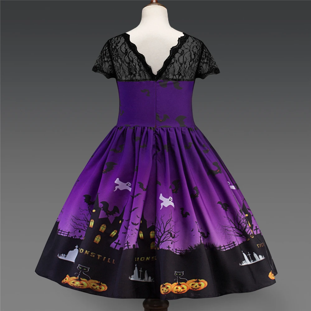 Boutique Halloween Witch Costume Girls Christmas Carnival Purple Orange Kids Lace Backless Dress Children Birthday Party | Детская