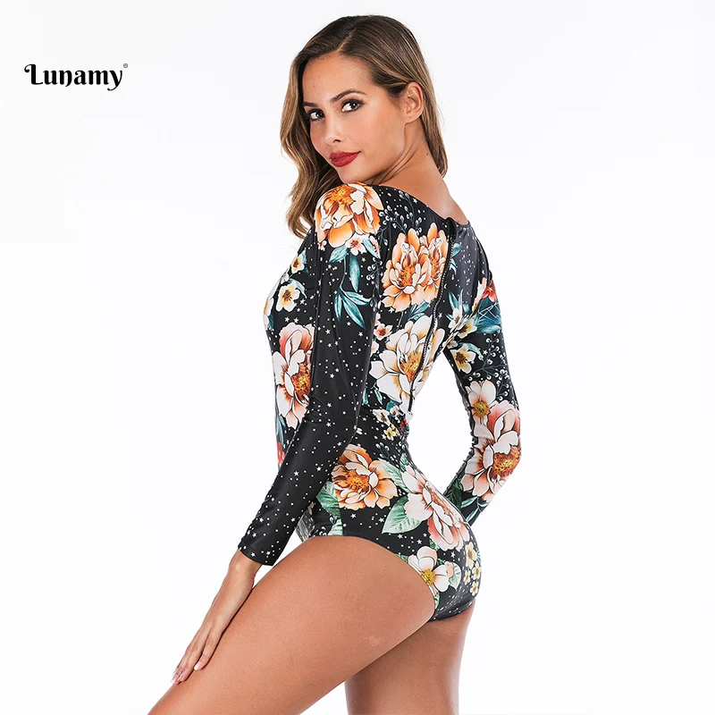 Lunamy, винтажный Цельный купальник с принтом, слитный купальник, Maillot De Bain Femme, сексуальный купальник на молнии спереди, женский купальник