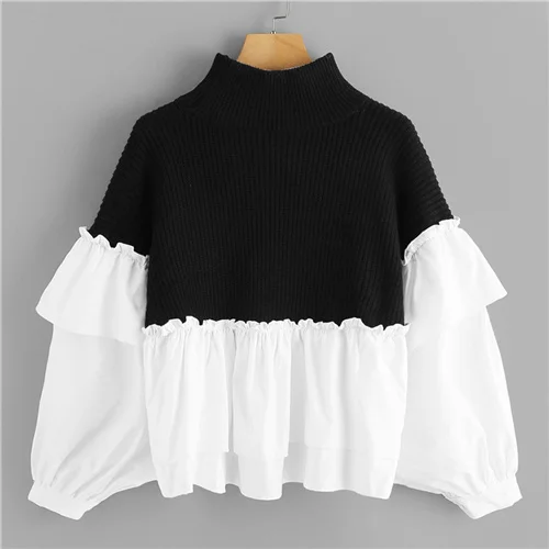 Black and White SHEIN Контрастная Комбинированная Блуза, Контрастный Джемпер С Отделкой И Широкими Рукавами - Цвет: Black and White