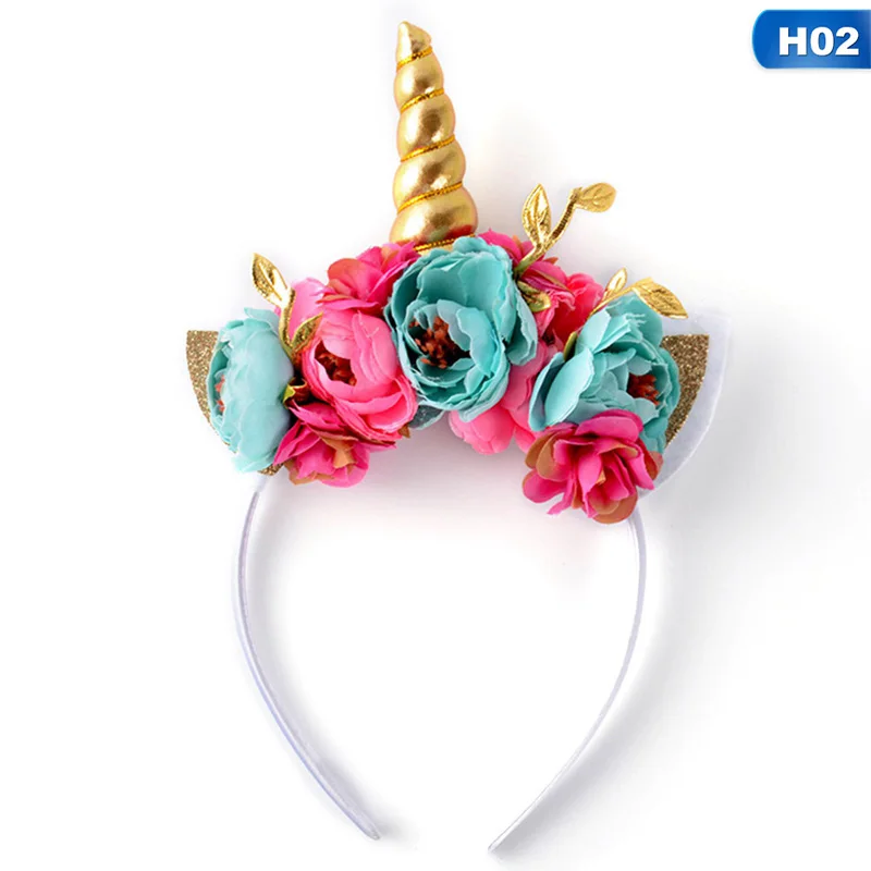 HDR1513H02 1 шт Дешевые Детские радужные единороги рога Hairband Дети шифон повязка на голову "Единорог" блеск Пасхальный обруч для волос аксессуары для волос - Цвет: HDR1513H02