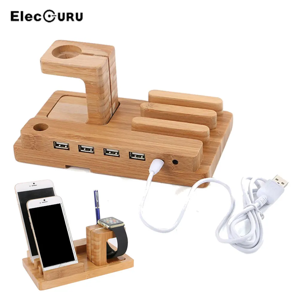 Зарядная док станция для Apple Watch/iPhone/iPad/iWatch 4 USB порт деревянный кронштейн