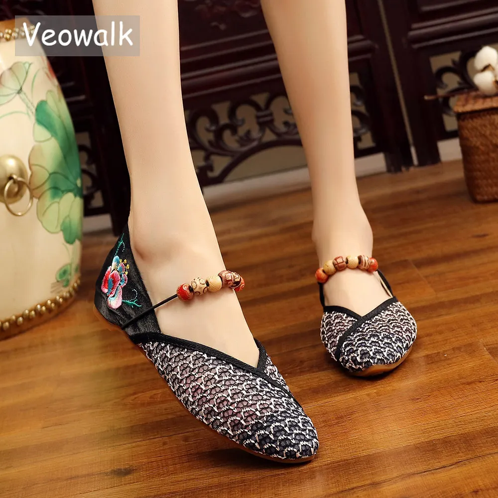

Женские сетчатые балетки Veowalk, летние повседневные туфли с острым носком, на плоской подошве, с вышивкой, в стиле ретро