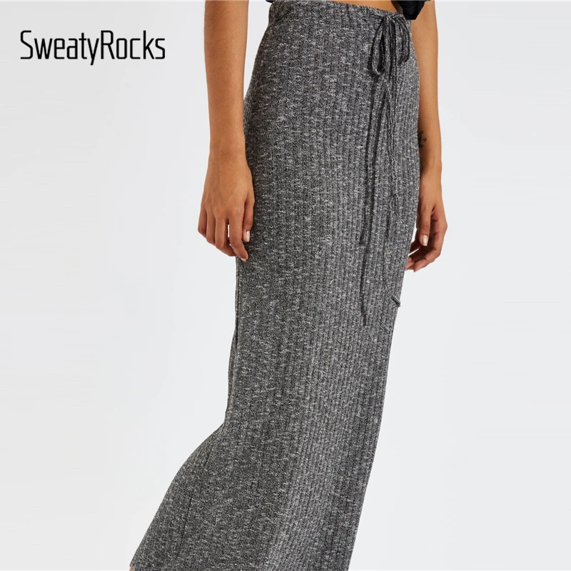 SweatyRocks, юбка-карандаш с завязками на талии, уличная одежда, высокая талия, однотонные юбки, весна, облегающие Женские повседневные длинные юбки