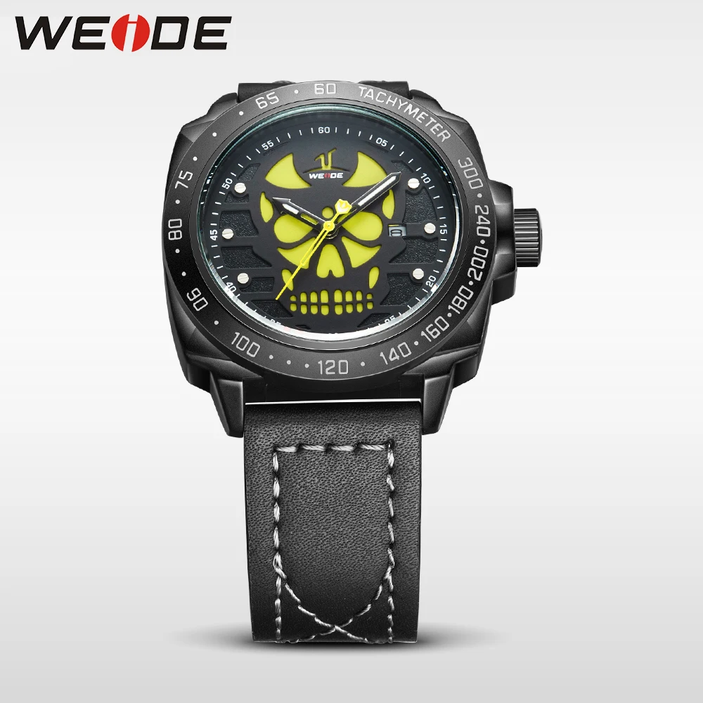 WEIDE Black Watch Men Casual Leather Strap Quartz Yellow Dial Analog Display Water Resistant Big Fashion High Quality Male Clock | Наручные