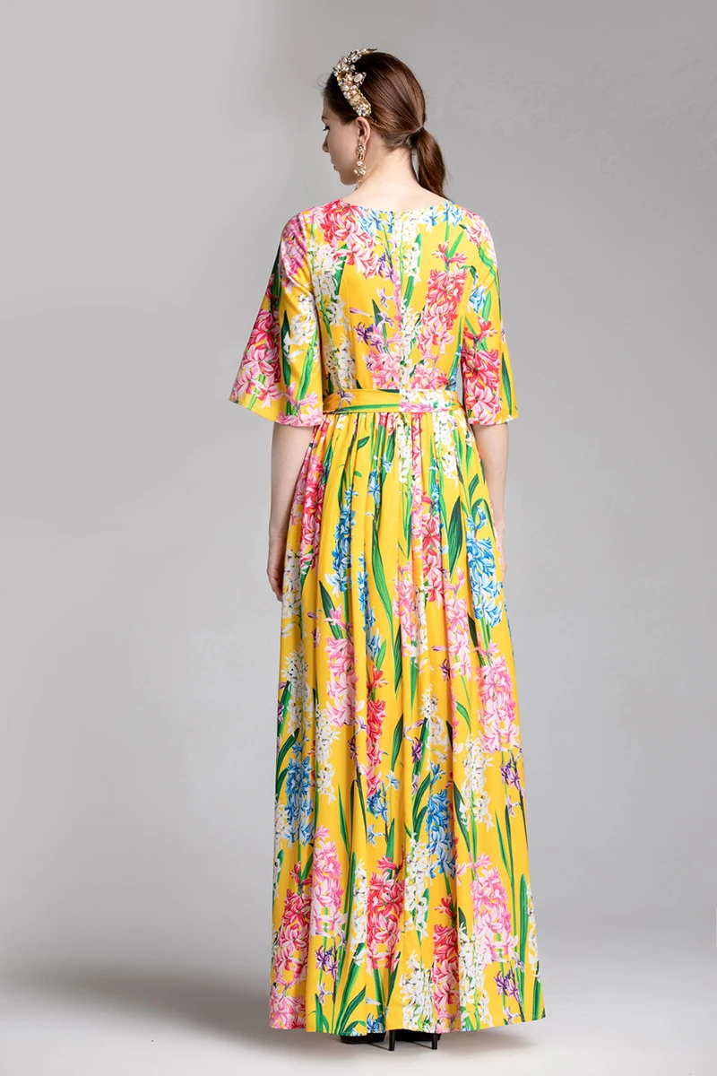 

MIUXIMAO High Quality 2019 Summer&Spring Full Dress Casual Flowers Print Yellow Casual Long Dress Women vestido