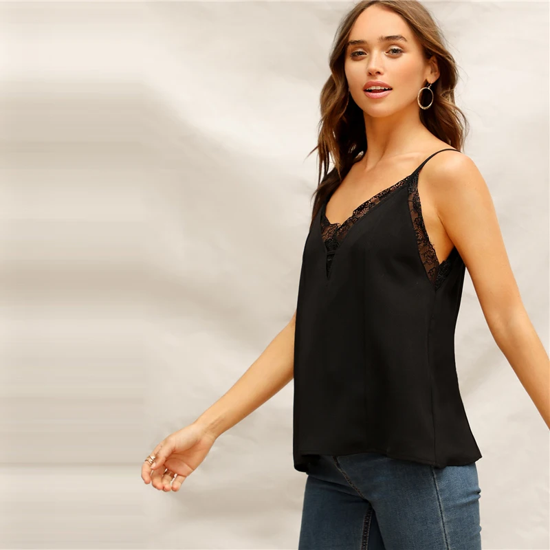 SHEIN Однотонный Топ На Бретельках С Кружевной Вставкой, Стильный Топ С Кружевной Отделкой