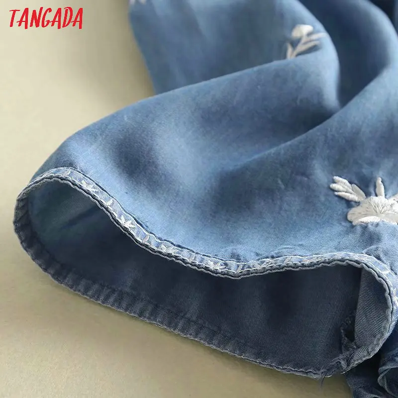 Tangada, Женская Цветочная вышивка, кимоно из денима, блузка, осень, винтажные рубашки с длинным рукавом, женские шикарные топы 2P07