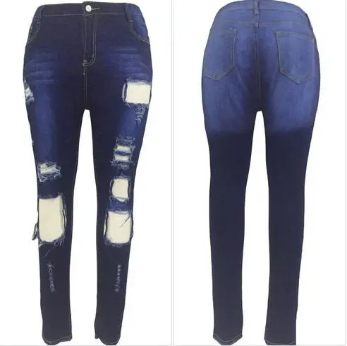 

New Slim Stretch High Waist Skinny Jeans Female Scratch Worn Feet Vintage Blue Pencil Pants Women Jeans Plus Size S-XL