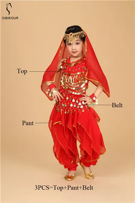 Red 3pcs Kids Belly Dance Costume Bollywood Oriental Bellydance Dress Set Indian Egyptian Egypt Suit Pants Top Dancing Clothes Girls New - Цвет: Red 3pcs