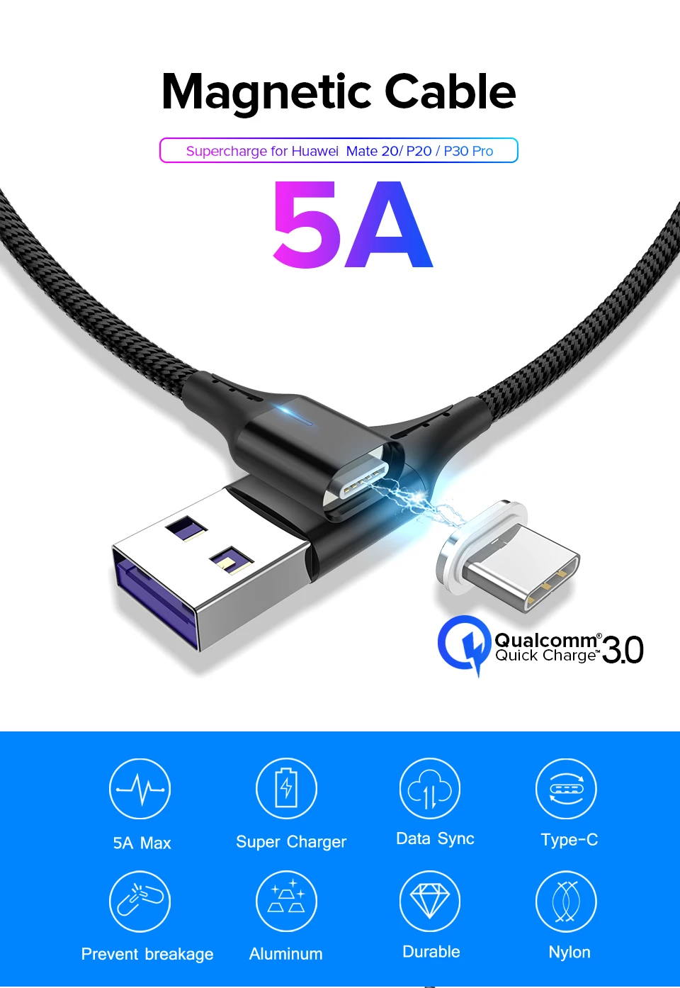 Venroii Магнитный кабель usb type C провод для быстрой зарядки для huawei P30 P20 Pro 5A SuperCharge Quick Charge 3,0 USBC магнит зарядное устройство