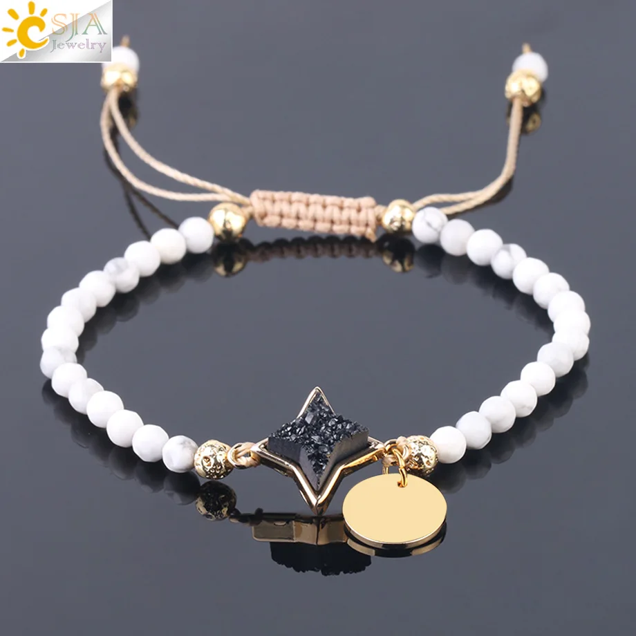 CSJA 4 мм браслет из маленьких бусин белый Howlite Плетеные Браслеты Натуральный Druzy Кварц плетение веревки струны шикарные браслеты для женщин F744