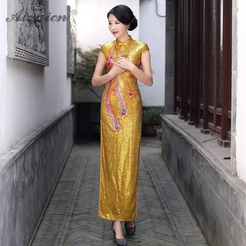 2019 черные блестки Чонсам с Фениксом Длинные платья китайский воротник Qi Pao