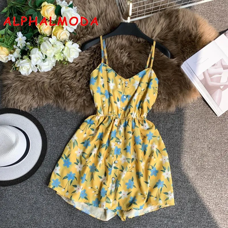

ALPHALMODA Vacation Playsuit Single Breasted Floral Print Women Casual Holiday Short Jumpsuits Stretchy Bust Sling Rompers
