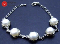 qingmos natural pearl bracelet for women with 9 10mm white flat round pearl adjustable 6 8 bracelet jewelry b256 free shipping