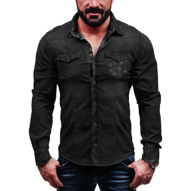 Мужская джинсовая рубашка повседневная Облегающая с длинным рукавом осень 2018