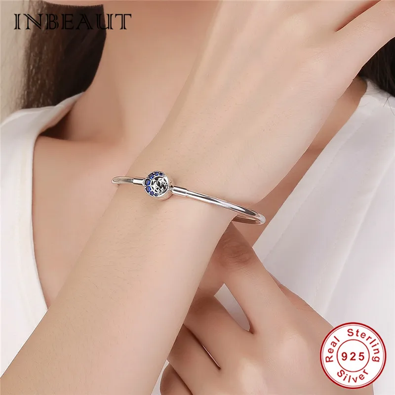INBEAUT fit Pandora Шарм 925 пробы Серебряный Синий Звезда бусины браслет для женщин Циркон Луна вечерние ювелирные изделия на цепочке