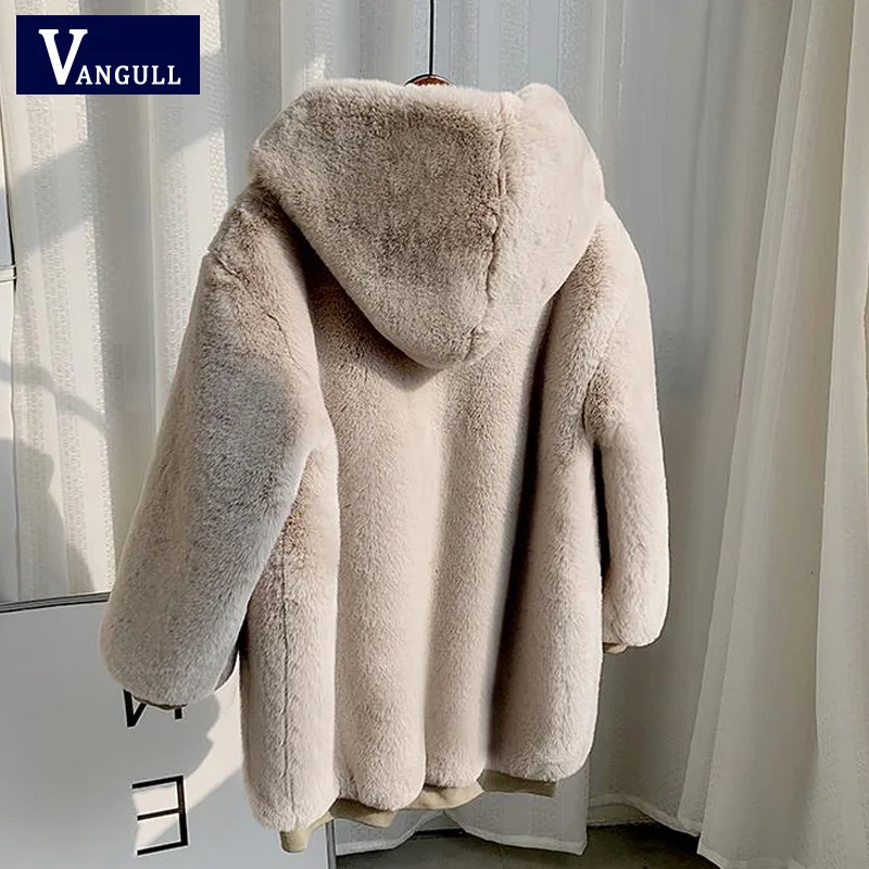 Vangull зимнее плотное теплое меховое пальто Новая модная женская куртка с капюшоном и длинным рукавом из искусственного кроличьего меха Роскошная зимняя верхняя одежда